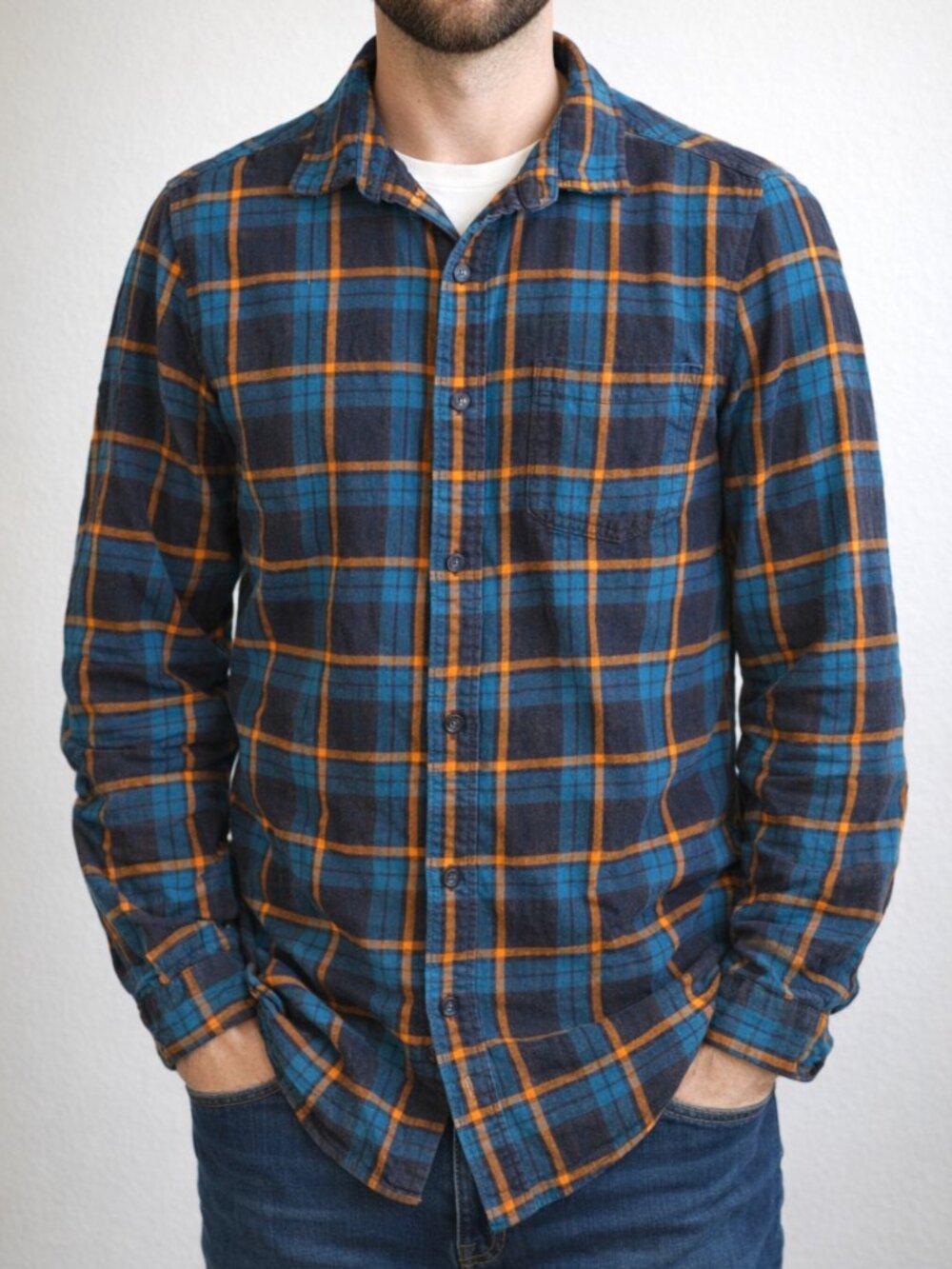 St. John's Bay Blue and Orange Plaid Button-Down Shirt
